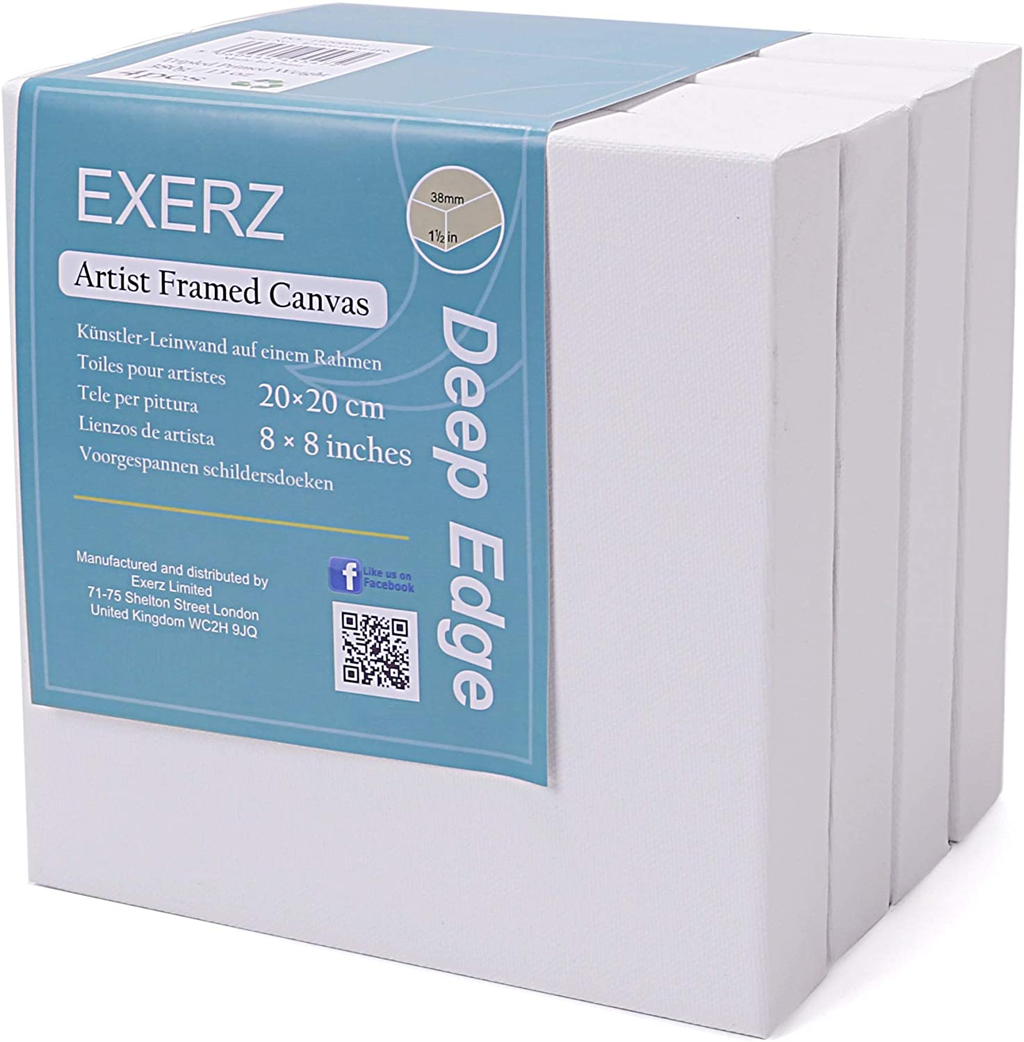 EXERZ 20x20cm Framed Canvas 3.8cm Deep Edge 4pcs/ 380GSM/ Artist Stretched Canvas 100% Cotton- 4pk