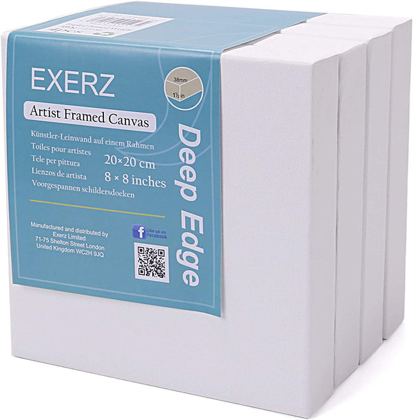 EXERZ 20x20cm Framed Canvas 3.8cm Deep Edge 4pcs/ 380GSM/ Artist Stretched Canvas 100% Cotton- 4pk