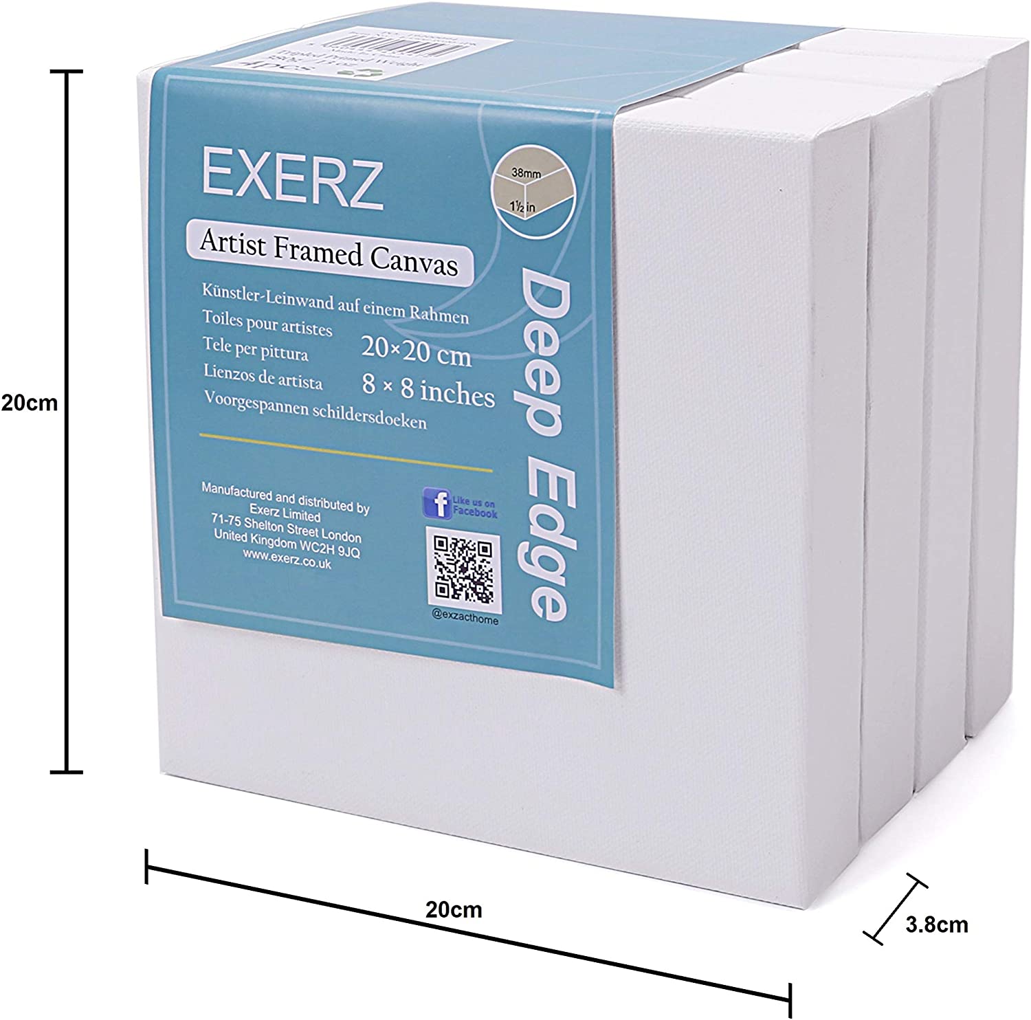 EXERZ 20x20cm Framed Canvas 3.8cm Deep Edge 4pcs/ 380GSM/ Artist Stretched Canvas 100% Cotton- 4pk