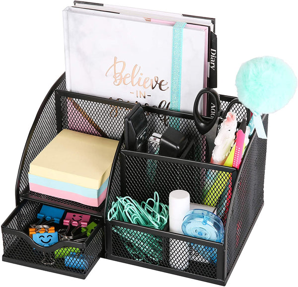 EXERZ Desk Organiser with 7 Compartments -Mesh Desk Tidy Caddy  - Black