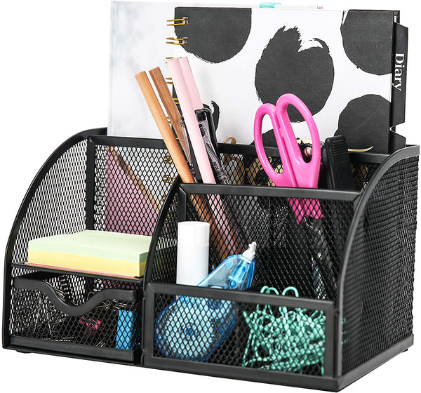 EXERZ Desk Organiser with 7 Compartments -Mesh Desk Tidy Caddy  - Black