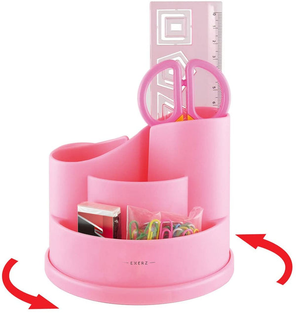 Exerz Desk Organiser with Safety Scissors, Ruler, Eraser, Clips - Pink