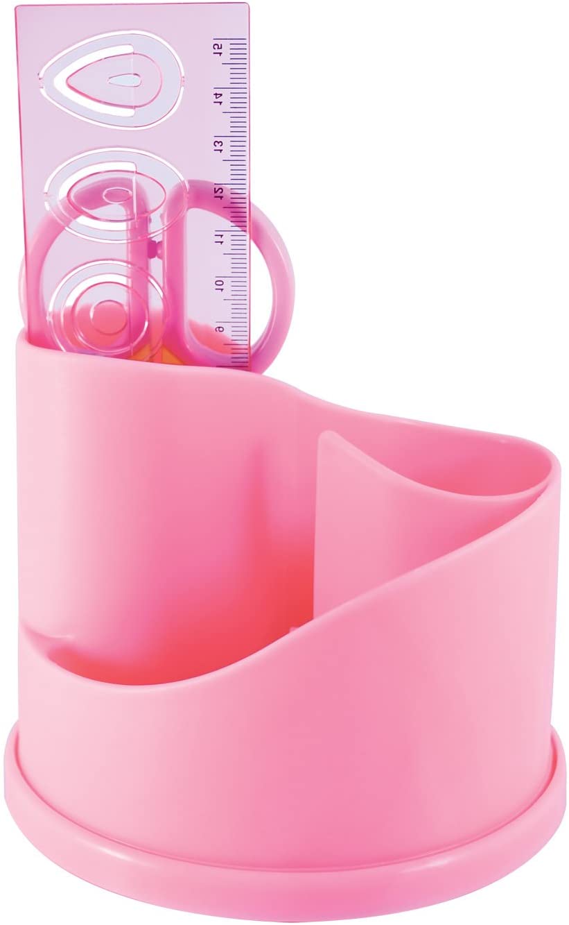 Exerz Desk Organiser with Safety Scissors, Ruler, Eraser, Clips - Pink