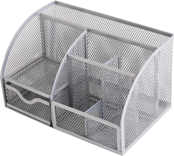 EXERZ Desk Organiser with 7 Compartments -Mesh Desk Tidy Caddy - Silver