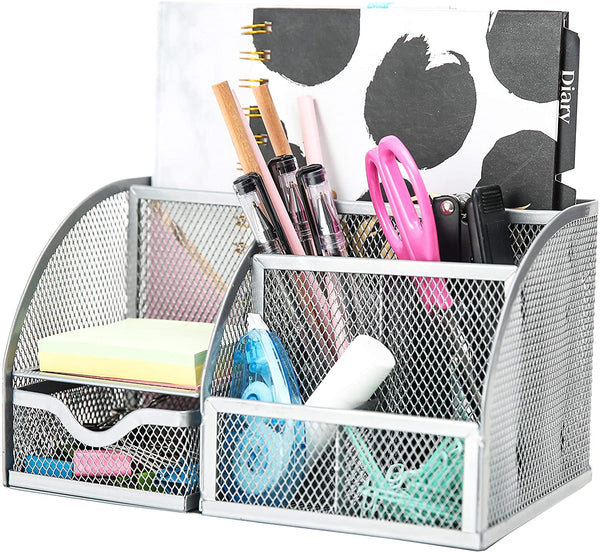EXERZ Desk Organiser with 7 Compartments -Mesh Desk Tidy Caddy - Silver