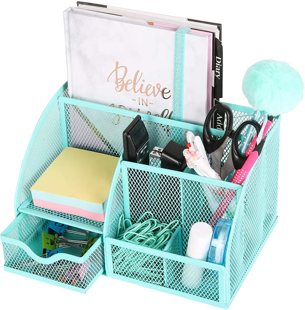 EXERZ Desk Organiser with 7 Compartments -Mesh Desk Tidy Caddy  - Turquoise