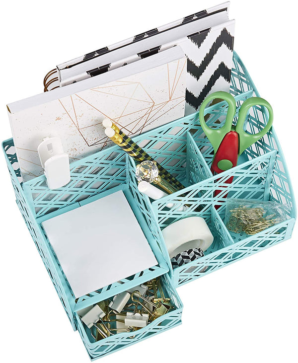 EXERZ Desk Organiser with 7 Compartments -Mesh Desk Tidy Caddy - Turquoise