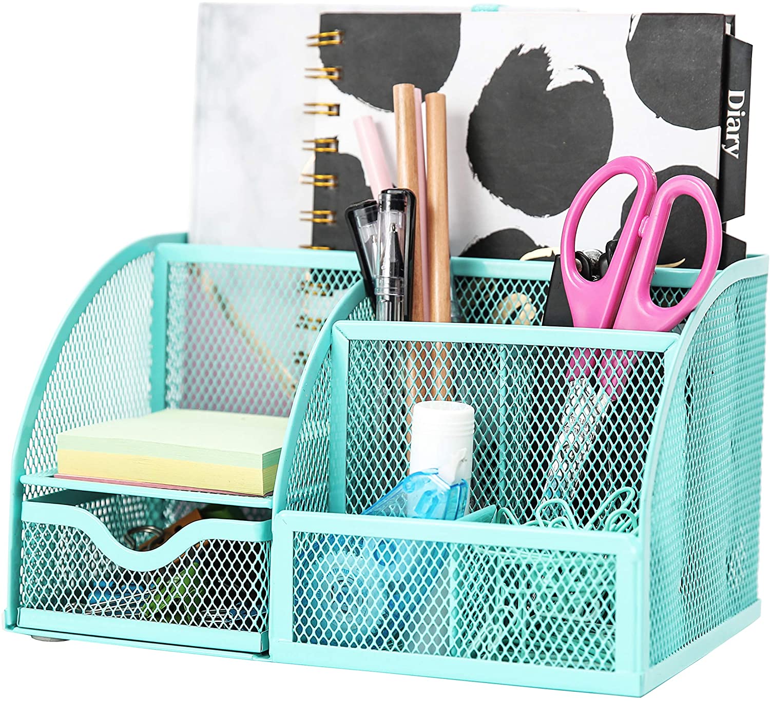 EXERZ Desk Organiser with 7 Compartments -Mesh Desk Tidy Caddy  - Turquoise