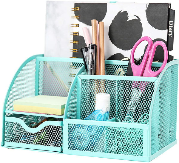 EXERZ Desk Organiser with 7 Compartments -Mesh Desk Tidy Caddy  - Turquoise