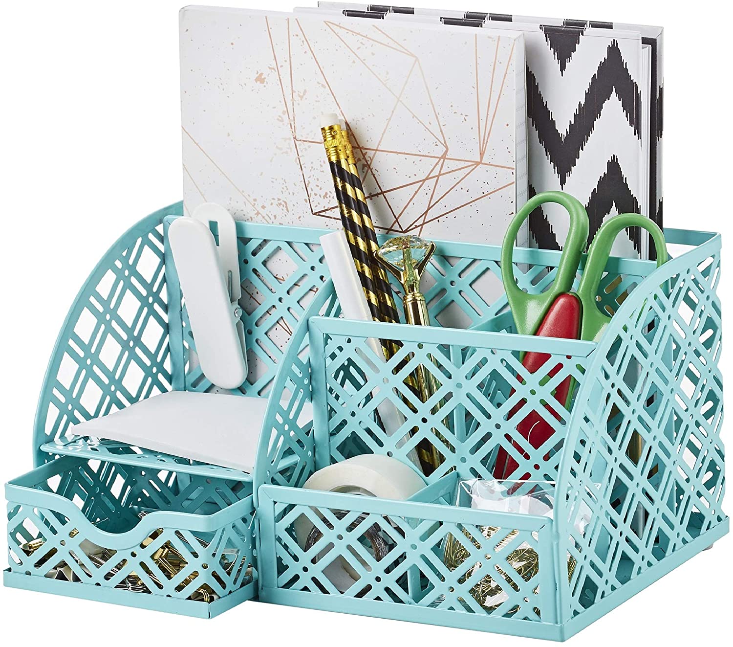 EXERZ Desk Organiser with 7 Compartments -Mesh Desk Tidy Caddy - Turquoise