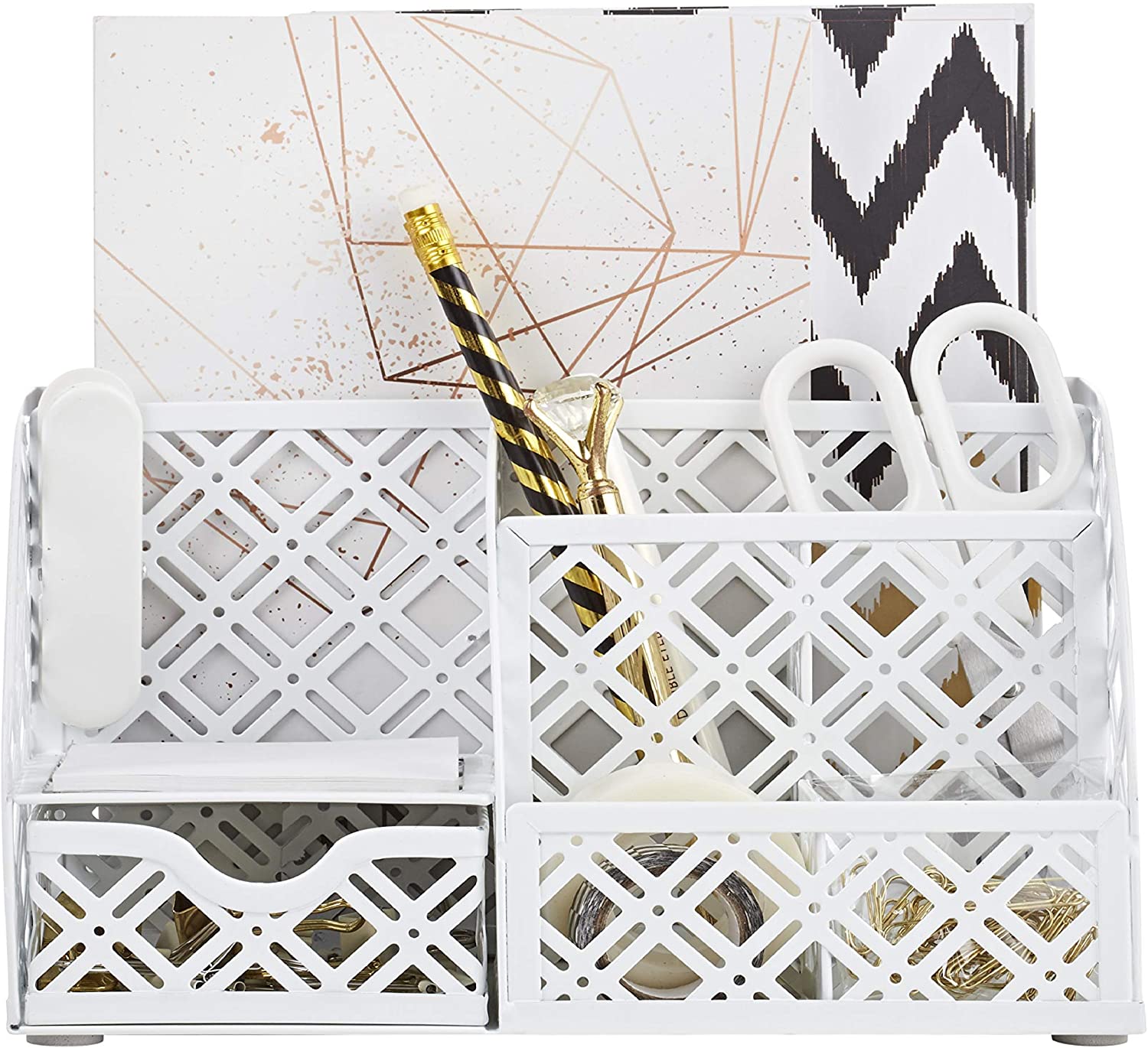 EXERZ Desk Organiser with 7 Compartments -Mesh Desk Tidy Caddy - White