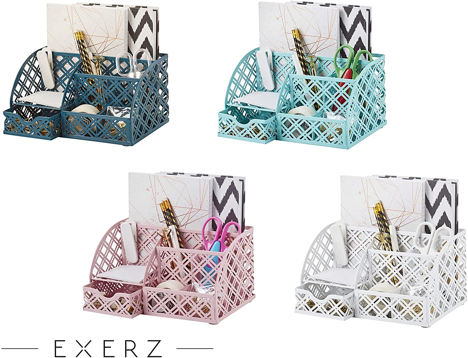EXERZ Desk Organiser with 7 Compartments -Mesh Desk Tidy Caddy - White