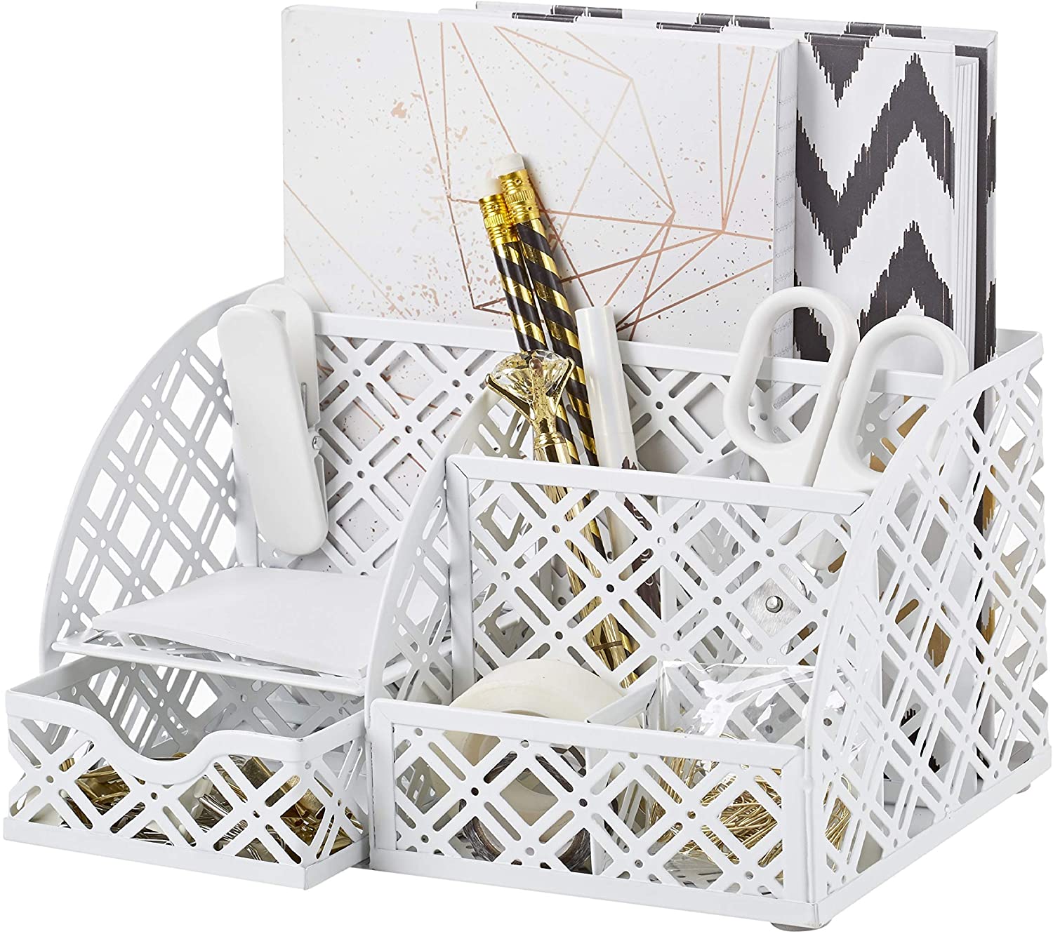 EXERZ Desk Organiser with 7 Compartments -Mesh Desk Tidy Caddy - White