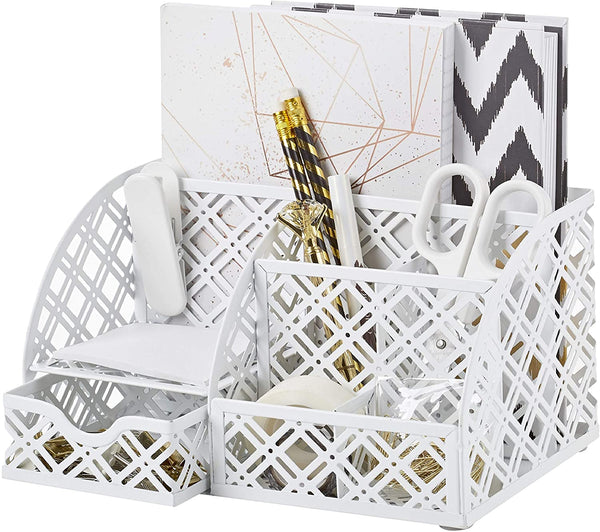 EXERZ Desk Organiser with 7 Compartments -Mesh Desk Tidy Caddy - White
