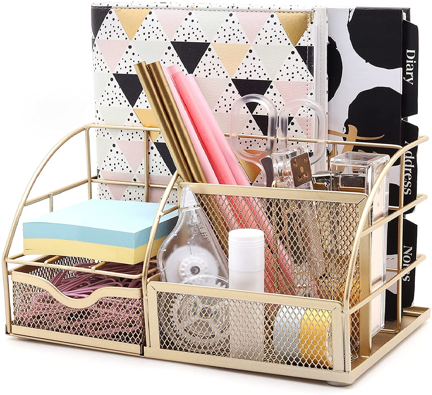 EXERZ Desk Organiser with 7 Compartments -Mesh Desk Tidy Caddy - Golden