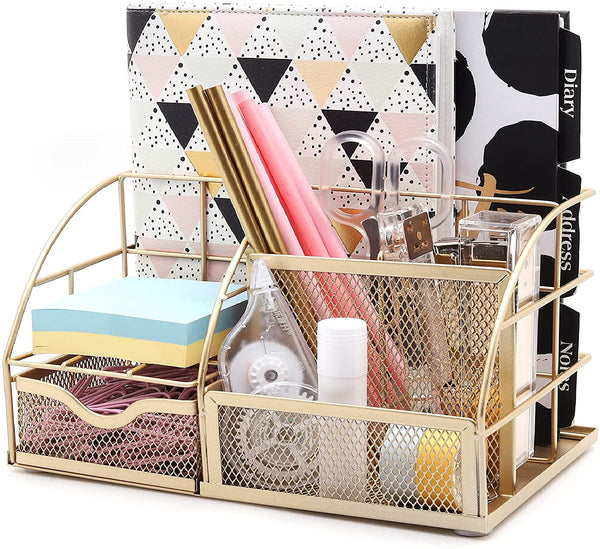 EXERZ Desk Organiser with 7 Compartments -Mesh Desk Tidy Caddy - Golden