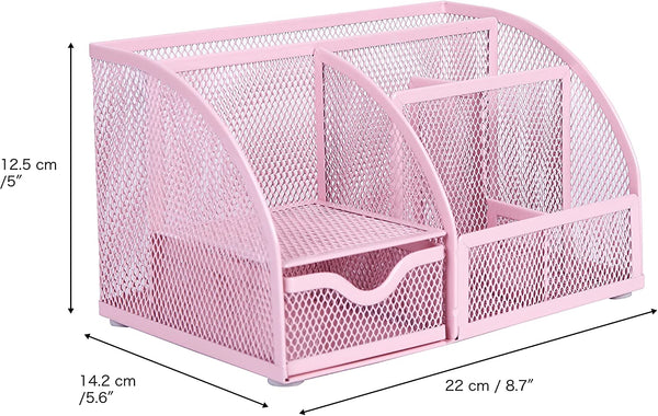 EXERZ Desk Organiser with 7 Compartments -Mesh Desk Tidy Caddy - Light Pink