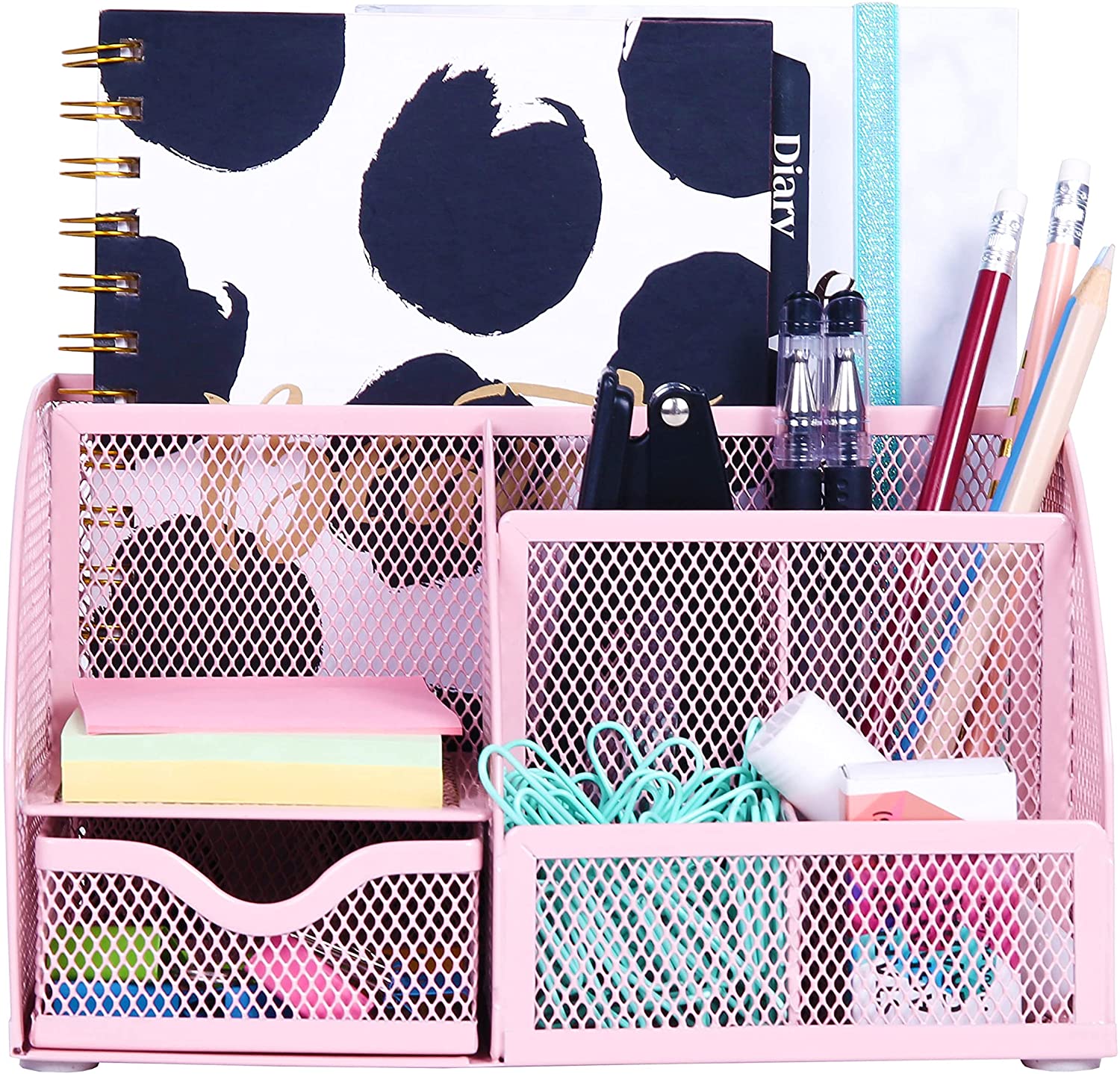 EXERZ Desk Organiser with 7 Compartments -Mesh Desk Tidy Caddy - Light Pink