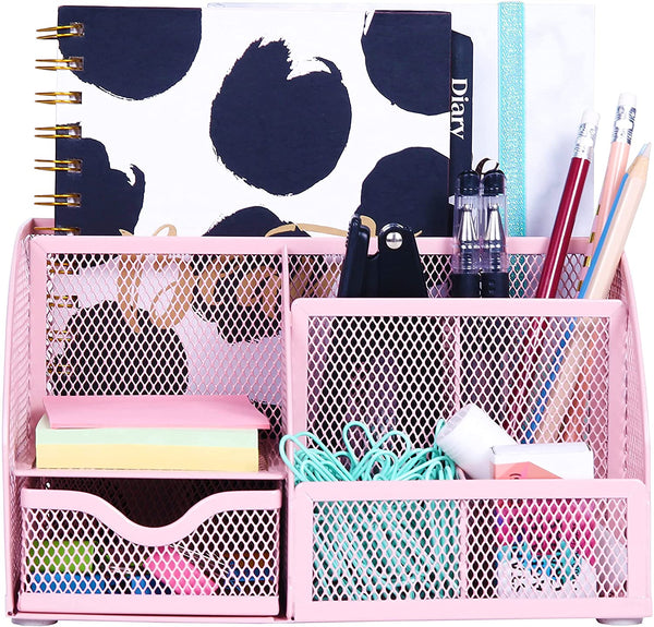 EXERZ Desk Organiser with 7 Compartments -Mesh Desk Tidy Caddy - Light Pink