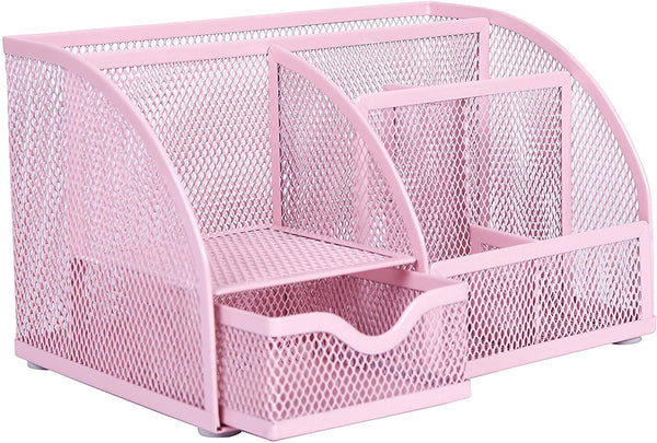 EXERZ Desk Organiser with 7 Compartments -Mesh Desk Tidy Caddy - Light Pink