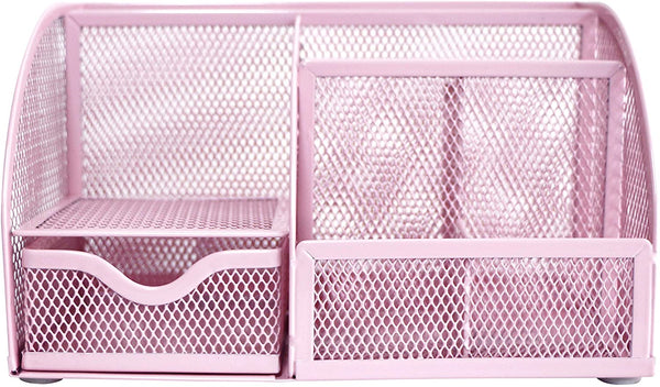 EXERZ Desk Organiser with 7 Compartments -Mesh Desk Tidy Caddy - Light Pink