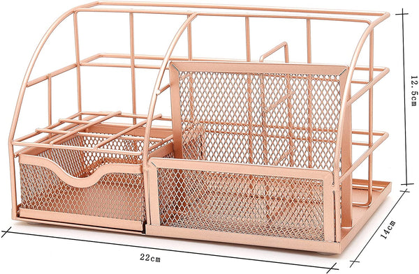EXERZ Desk Organiser with 7 Compartments -Mesh Desk Tidy Caddy - Rose Gold