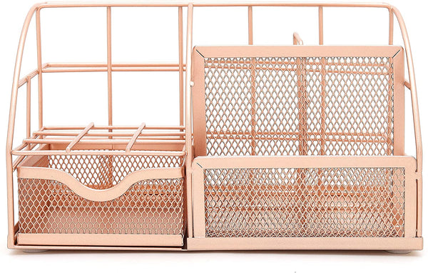 EXERZ Desk Organiser with 7 Compartments -Mesh Desk Tidy Caddy - Rose Gold