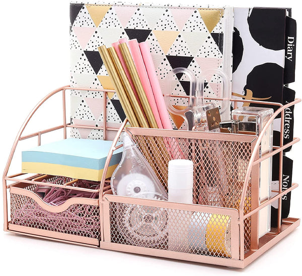 EXERZ Desk Organiser with 7 Compartments -Mesh Desk Tidy Caddy - Rose Gold