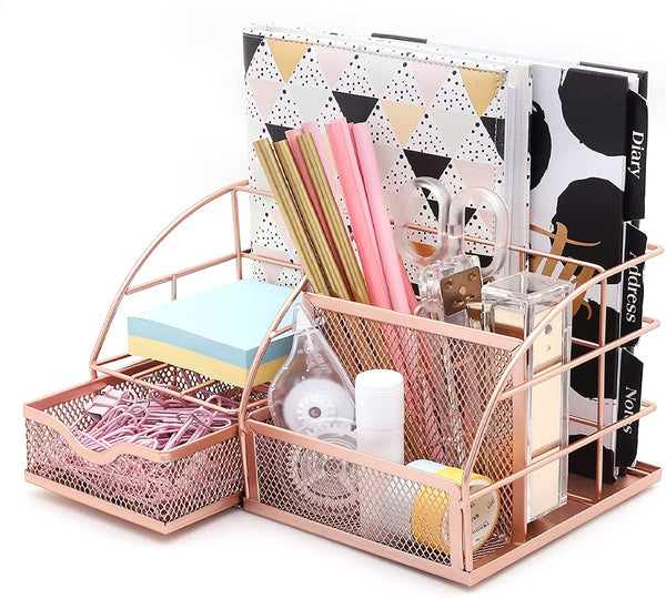 EXERZ Desk Organiser with 7 Compartments -Mesh Desk Tidy Caddy - Rose Gold