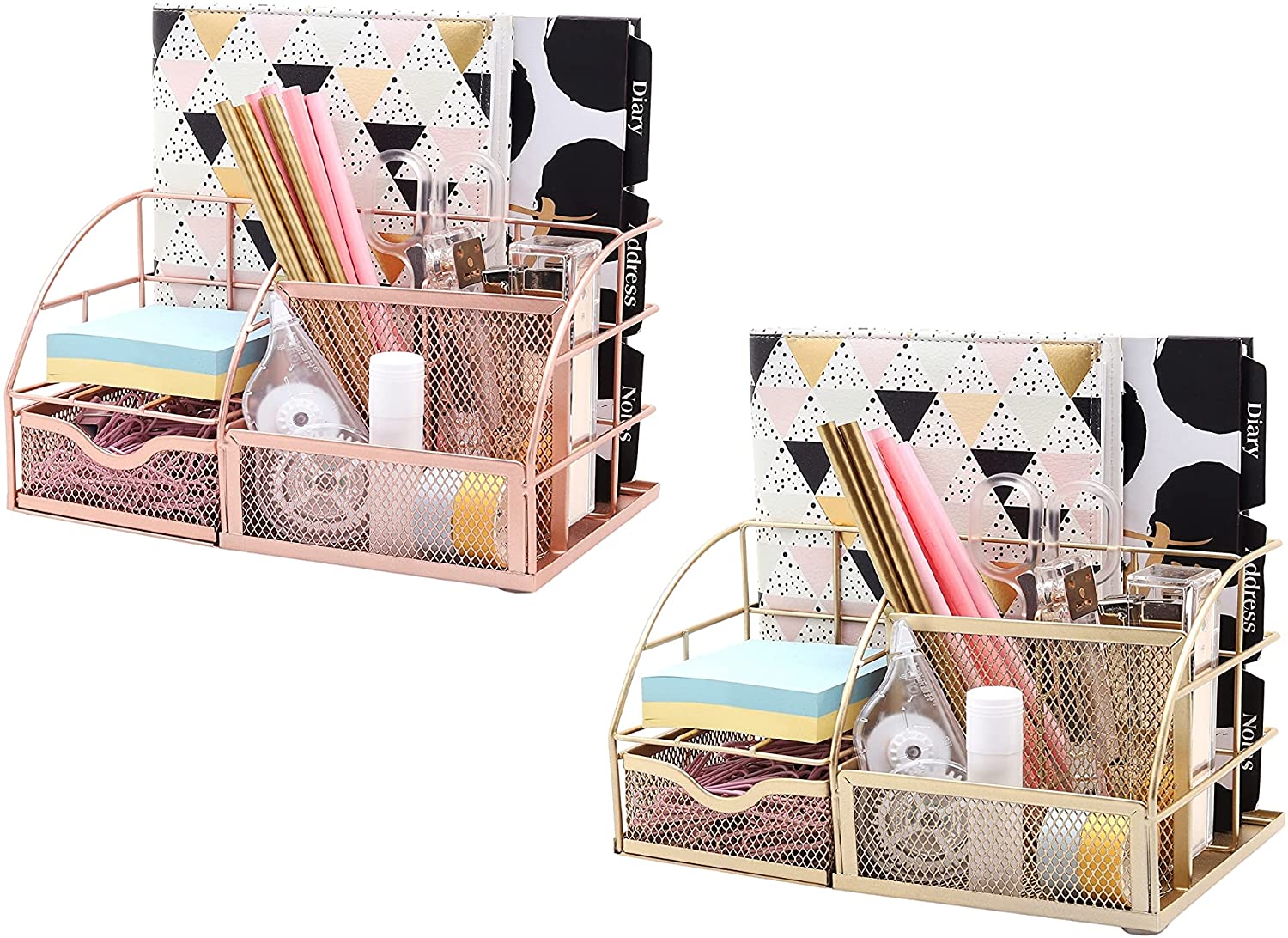 EXERZ Desk Organiser with 7 Compartments -Mesh Desk Tidy Caddy - Rose Gold