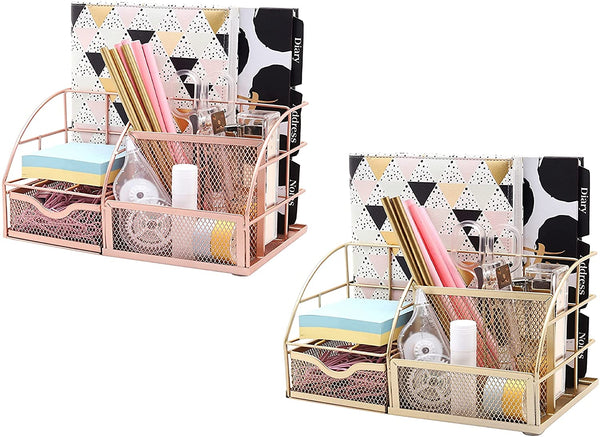 EXERZ Desk Organiser with 7 Compartments -Mesh Desk Tidy Caddy - Rose Gold