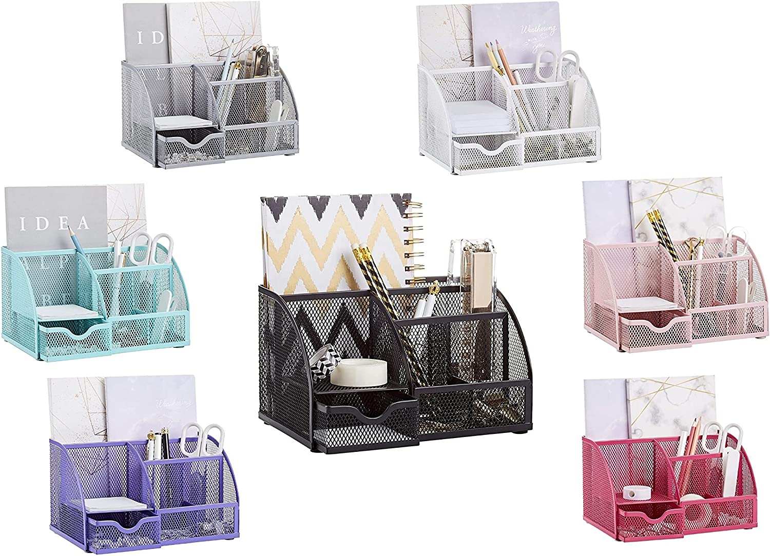 EXERZ Desk Organiser with 7 Compartments -Mesh Desk Tidy Caddy - White