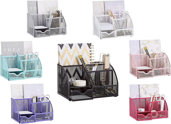 EXERZ Desk Organiser with 7 Compartments -Mesh Desk Tidy Caddy - White