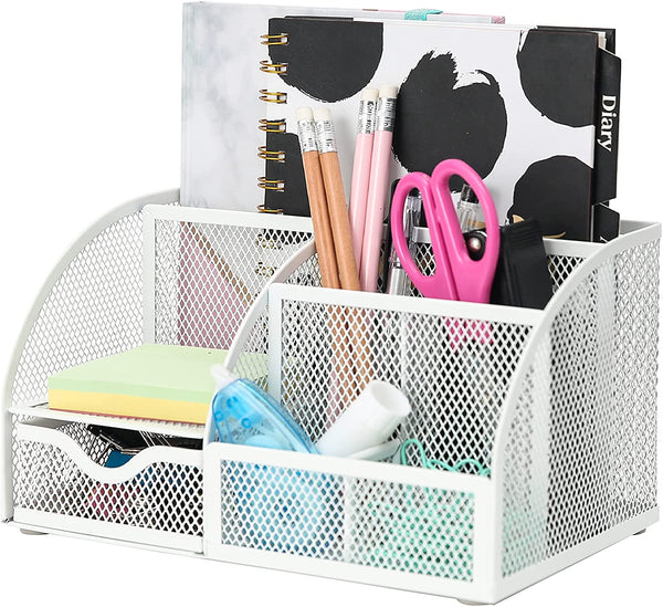 EXERZ Desk Organiser with 7 Compartments -Mesh Desk Tidy Caddy - White