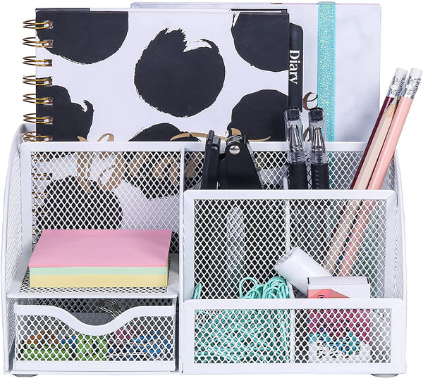 EXERZ Desk Organiser with 7 Compartments -Mesh Desk Tidy Caddy - White