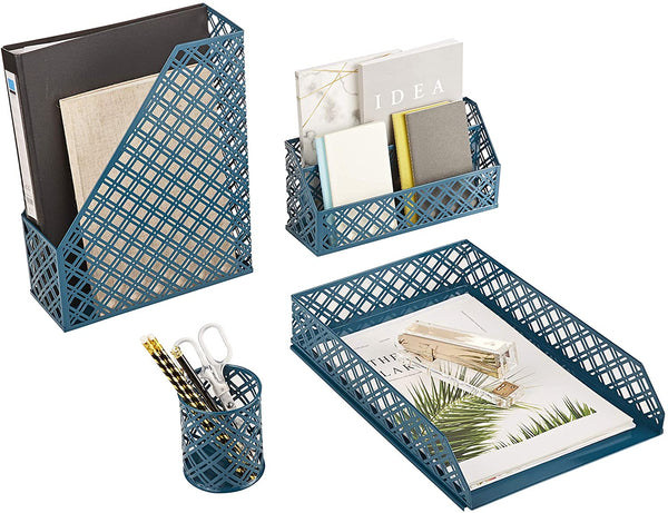 Exerz Desk Organiser 4 Pieces/ Office Set/ Desktop Metal Mesh Filing - Aegean Blue