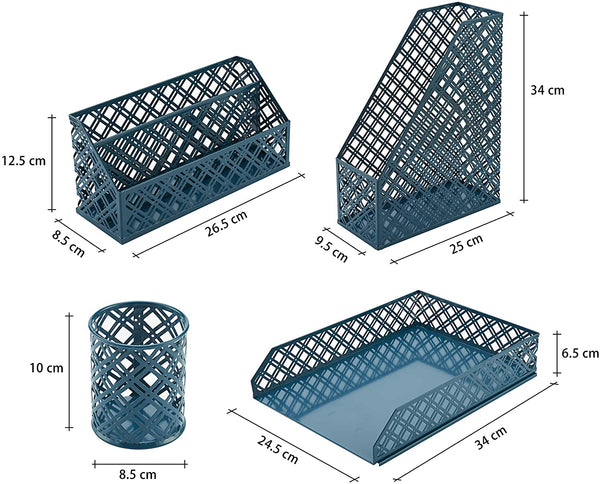 Exerz Desk Organiser 4 Pieces/ Office Set/ Desktop Metal Mesh Filing - Aegean Blue