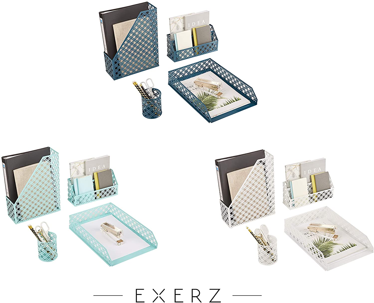 Exerz Desk Organiser 4 Pieces/ Office Set/ Desktop Metal Mesh Filing - Aegean Blue