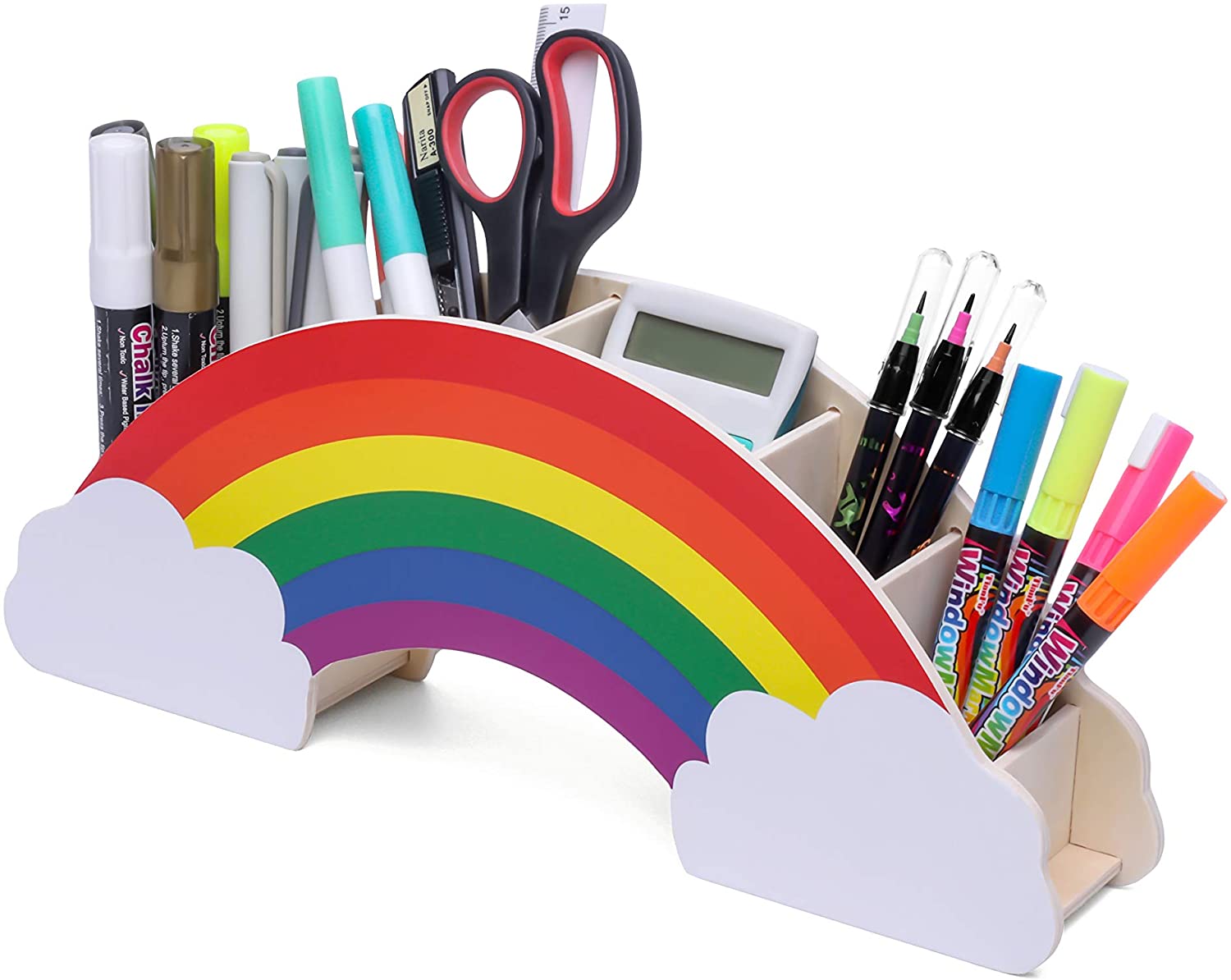 EXERZ Rainbow Pencil Holder + 50pcs Star Stickers - Wooden Desk Organiser