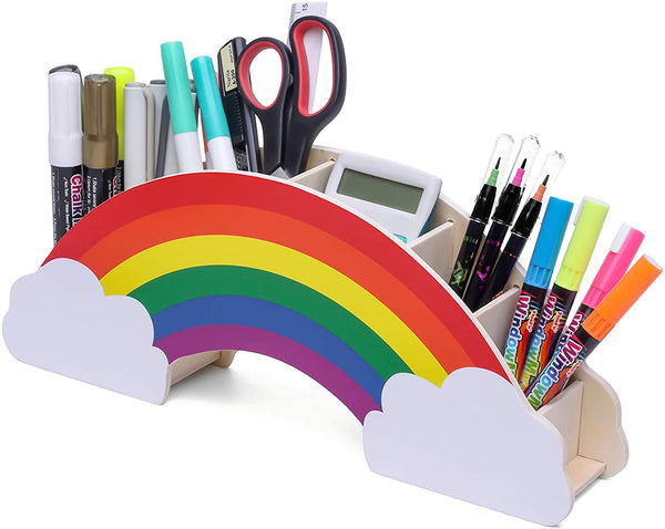 EXERZ Rainbow Pencil Holder + 50pcs Star Stickers - Wooden Desk Organiser