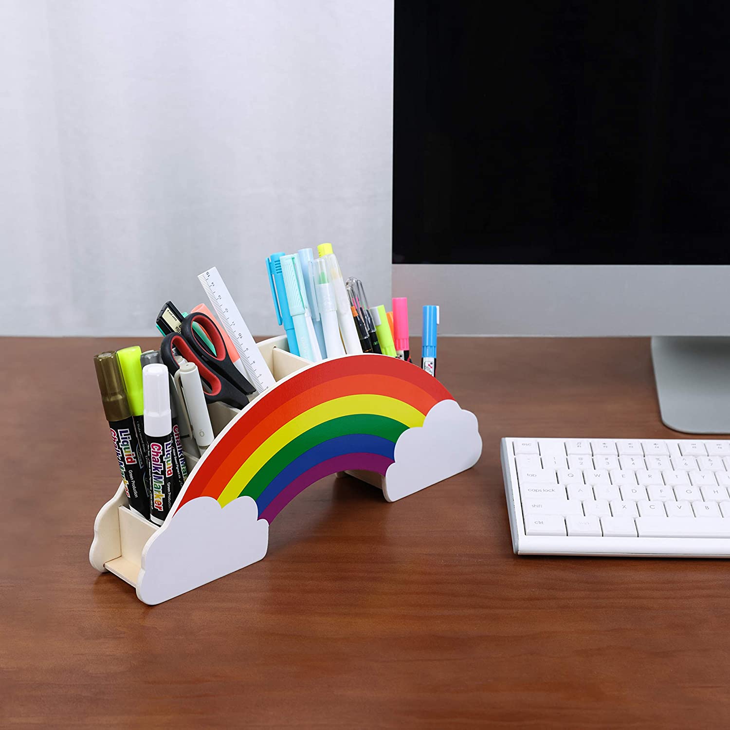 EXERZ Rainbow Pencil Holder + 50pcs Star Stickers - Wooden Desk Organiser