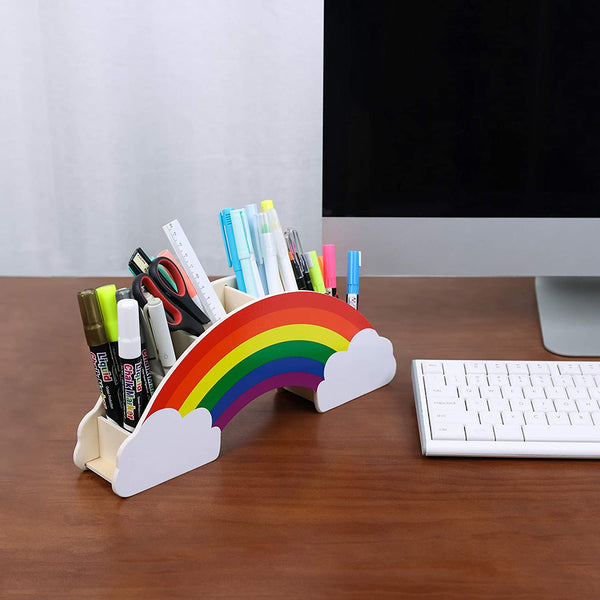 EXERZ Rainbow Pencil Holder + 50pcs Star Stickers - Wooden Desk Organiser