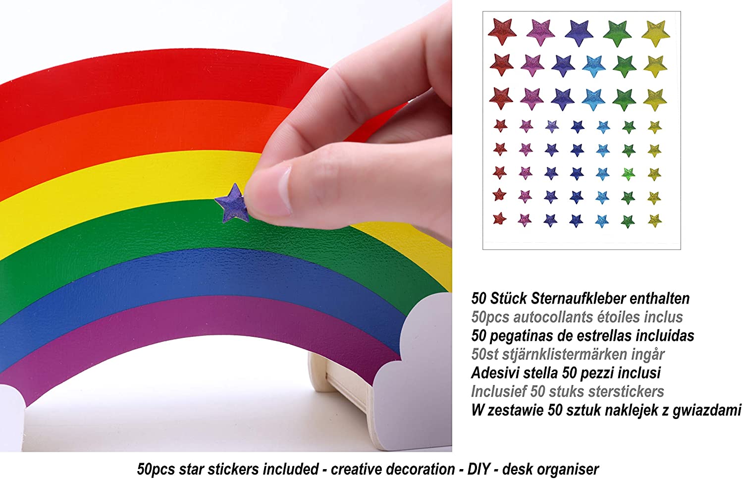 EXERZ Rainbow Pencil Holder + 50pcs Star Stickers - Wooden Desk Organiser