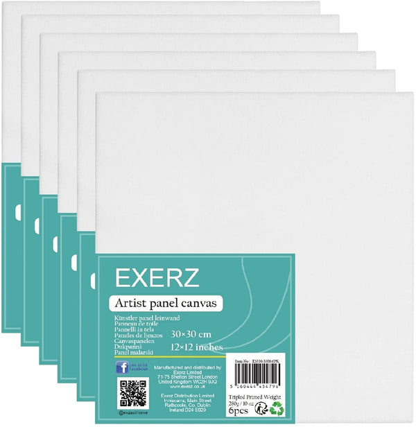 Exerz 30x30cm Canvas Panels 6pcs - 3mm 280gsm 100% Cotton -Square Shape Blank Artist Canvas Board