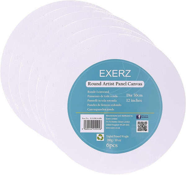 Exerz 30cm Round Canvas Panels 6pcs- 3mm 280gsm 100% Cotton Diameter 30cm Canvas Board