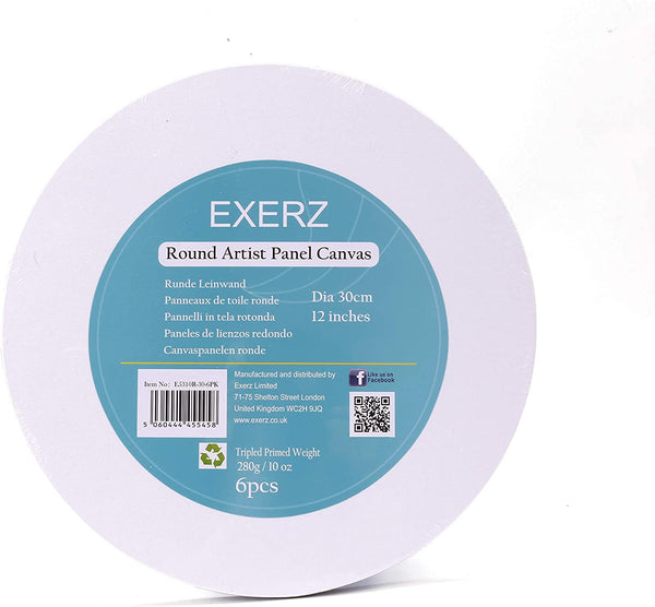 Exerz 30cm Round Canvas Panels 6pcs- 3mm 280gsm 100% Cotton Diameter 30cm Canvas Board