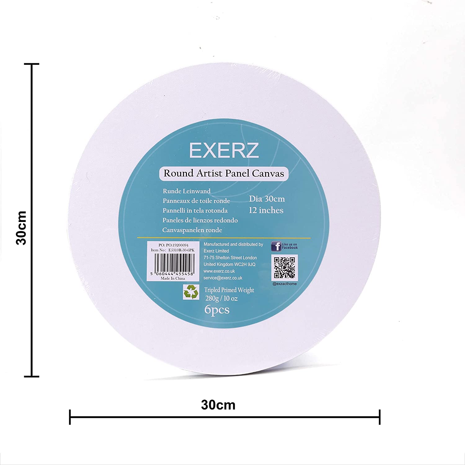Exerz 30cm Round Canvas Panels 6pcs- 3mm 280gsm 100% Cotton Diameter 30cm Canvas Board