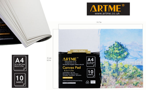 ARTME A4 Canvas Pad 1pk, 10 Sheets 280gsm, Triple Primed, Acid Free, 100% Cotton