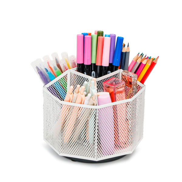 EXERZ Desk Organiser/Mesh Desk Tidy Caddy/Pencil Holder/Multifunctional 360 Rotating -White