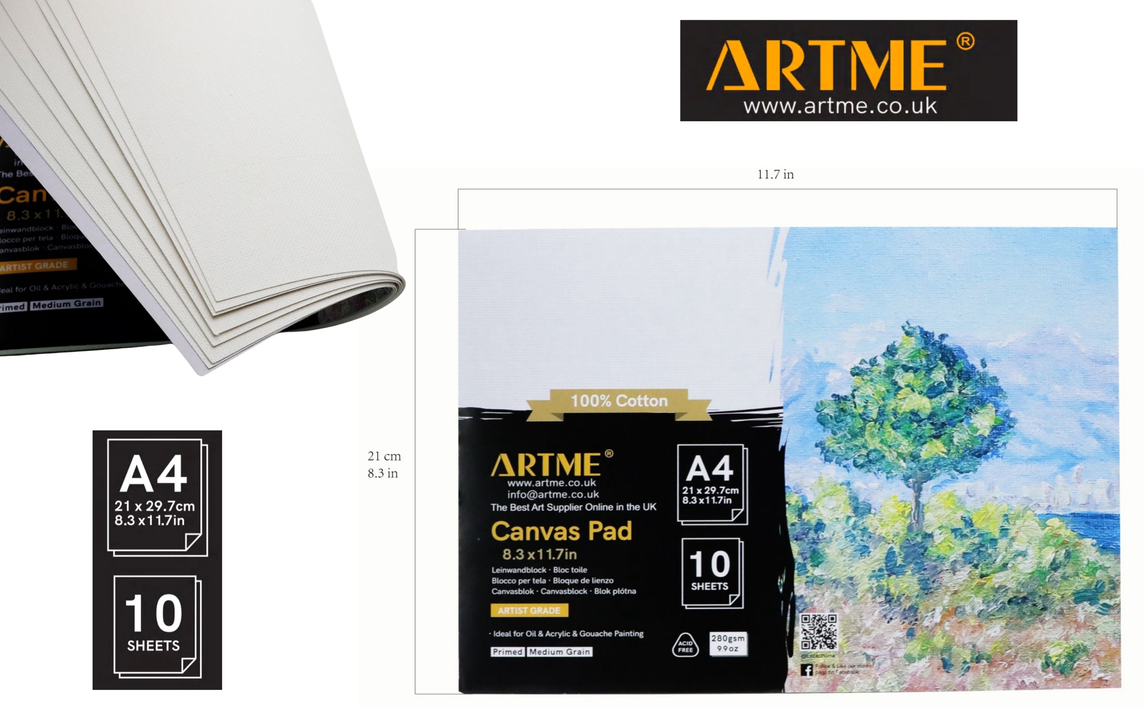 ARTME A4 Canvas Pad 2pk, 10 Sheets 280gsm, Triple Primed, Acid Free, 100% Cotton